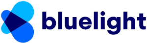Logo of Bluelight featuring blue shapes and the word 'bluelight' in dark blue text.