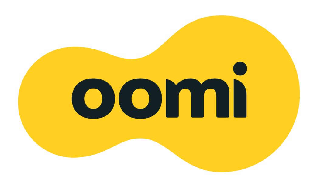 Logo of Oomi displayed on a yellow background with a fluid shape.